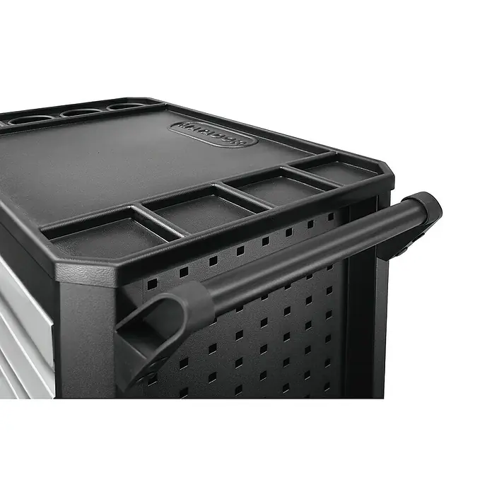Matador Werkstattwagen Ratio smartyCAR - L x B x H: 78,5 x 47 x 103 cm, Anzahl Schubladen: 7 Stk. - Nahaufnahme eines schwarzen Werkzeugwagens mit Griff und Ablagefächern auf der Oberseite. Ideal für Werkstatt und Garage.
