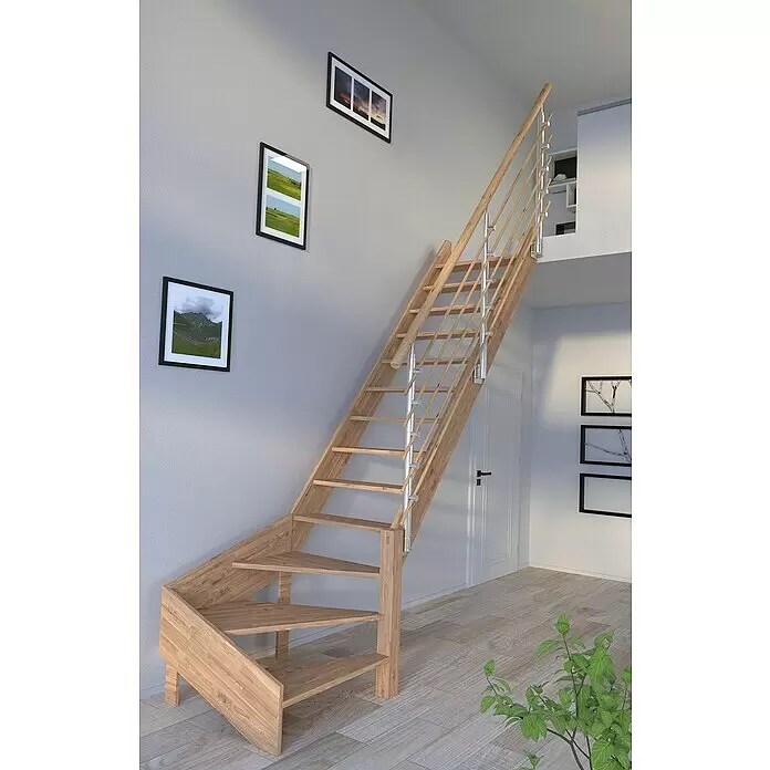 Starwood Raumspartreppe Rhodos - Breite: 84 cm, Eiche, Geschosshöhe: 300 cm, 1/4-gewendelt rechts, Montageseite Geländer: Wahlweise links/rechts, Designgeländer Holzrundstäbe, Ohne Setzstufen - Raumspartreppe aus hellem Holz mit wechselseitigen Stufen und modernem Holz-Metall-Geländer, verbindet zwei Ebenen.