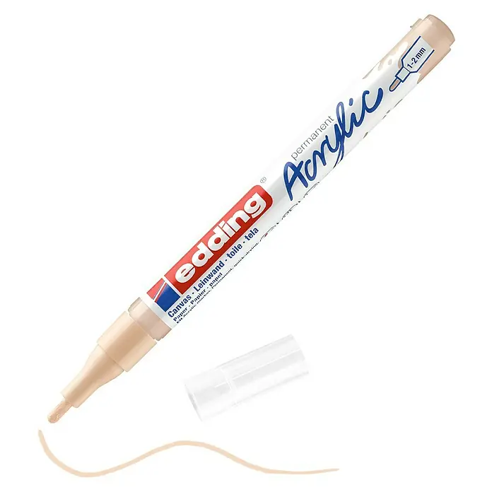 Edding Marker 5300 - Warmbeige, Strichstärke: 1 mm - 2 mm - Nahaufnahme eines Edding 5100 Acrylmarkers in Beige mit Strichprobe und Kappe. Geeignet für Leinwand, Papier und mehr.