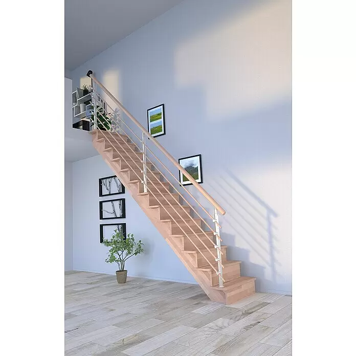 Starwood Raumspartreppe Lindos - Breite: 100 cm, Buche, Geschosshöhe: 300 cm, Gerade, Montageseite Geländer: Wahlweise links/rechts, Designgeländer Holzrundstäbe, Mit Setzstufen - Moderne helle Holztreppe mit Metall- und Holzgeländer, für den Innenbereich konzipiert.