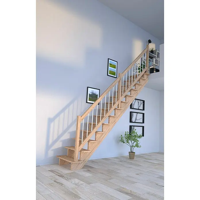 Starwood Raumspartreppe Lindos - Breite: 80 cm, Eiche, Geschosshöhe: 300 cm, Gerade, Montageseite Geländer: Wahlweise links/rechts, Geländer Holz/Edelstahl weiß, Ohne Setzstufen - Eine helle Holztreppe mit weißen Geländern fügt sich nahtlos in ein modernes Interieur ein und verbindet stilvoll zwei Etagen des Hauses.