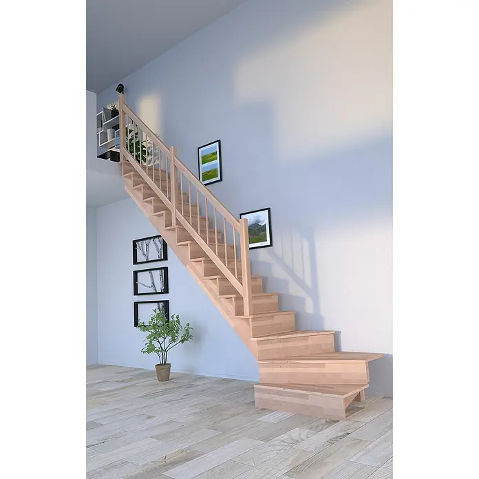 Starwood Raumspartreppe LindosBreite: 80 cm, Buche, Geschosshöhe: 300 cm, 1/4-gewendelt links, Montageseite Geländer: Wahlweise links/rechts, Designgeländer Holz/Holz, Mit Setzstufen - Treppe aus hellem Holz mit Geländer in einem hellen Raum.