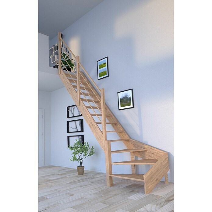 Starwood Raumspartreppe Rhodos (Breite: 80 cm, Eiche, Geschosshöhe: 300 cm, 1/4-gewendelt links, Montageseite Geländer: Links, Designgeländer Holz/Hol