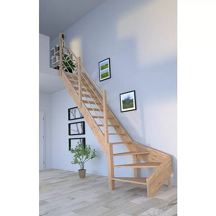 Starwood Raumspartreppe RhodosBreite: 80 cm, Eiche, Geschosshöhe: 300 cm, 1/4-gewendelt links, Montageseite Geländer: Links, Designgeländer Holz/Holz, Ohne Setzstufen