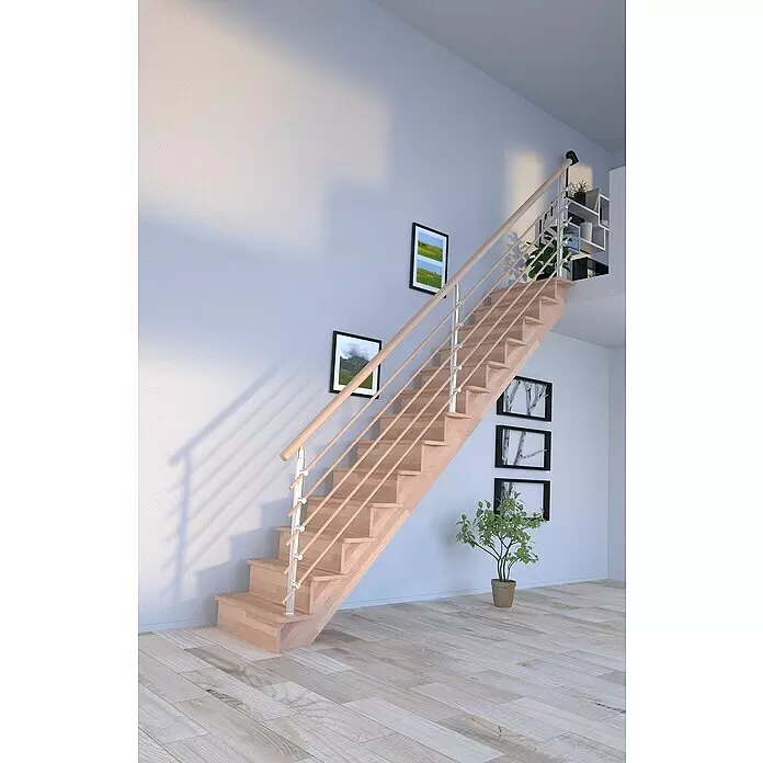 Starwood Raumspartreppe Lindos - Breite: 100 cm, Buche, Geschosshöhe: 300 cm, Gerade, Montageseite Geländer: Wahlweise links/rechts, Designgeländer Holzrundstäbe, Mit Setzstufen - Moderne Holztreppe mit hellen Holzstufen und schlankem Metall-Holz-Geländer, die zwei Ebenen in einem hellen Interieur verbindet.