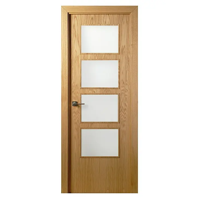 Solid Elements Puerta acristalada KNP - 72,5 x 203 cm, Derecha, Roble - Una puerta de madera moderna con cuatro inserciones rectangulares de vidrio y una manija sencilla. La puerta destaca por su madera clara y el diseño limpio.