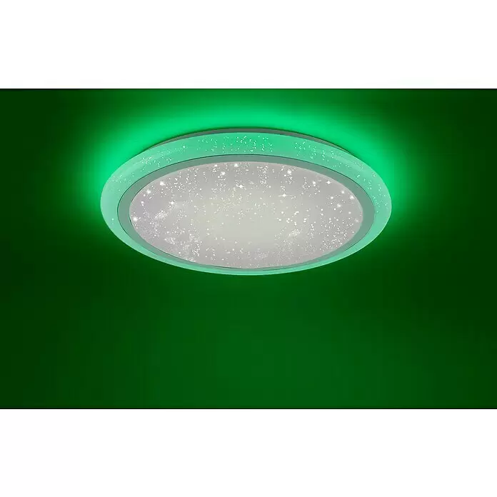 Paul Neuhaus LED-Deckenleuchte rund Luisa - 28 W, Chrom, Warmweiß - Runde Deckenleuchte mit funkelndem Sternenmuster und leuchtend grünem Außenring.
