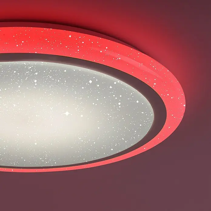Paul Neuhaus LED-Deckenleuchte rund Luisa - 28 W, Chrom, Warmweiß - Moderne LED-Deckenleuchte mit rotem Rahmen und Sternenmuster. Ideal für Kinderzimmer.