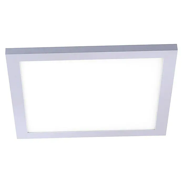 Paul Neuhaus LED-Panel Flat - 11 W, L x B x H: 29,5 x 29,5 x 10 cm, Chrom, Warmweiß - Nahaufnahme einer quadratischen LED-Deckenleuchte mit weißem Rahmen, die ein helles Licht abstrahlt und für moderne Beleuchtung sorgt.