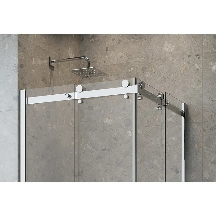 Camargue Eckdusche Top-Roller - 80 x 80 x 210 cm, Beschichtet, Silber, Glasstärke: 6 mm - Nahaufnahme einer modernen Duschkabine mit Schiebetüren und einem quadratischen Duschkopf, der für ein elegantes Badezimmerdesign sorgt.