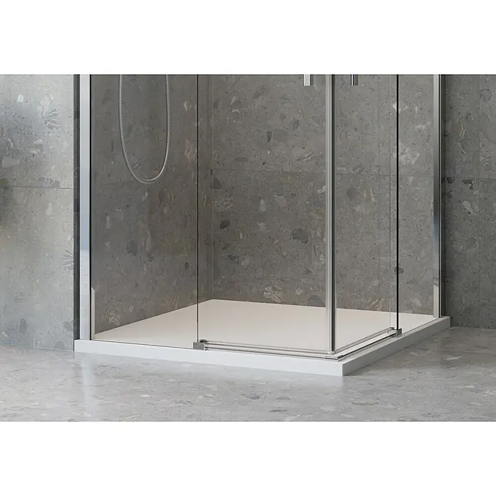 Camargue Eckdusche Top-Roller - 80 x 80 x 210 cm, Beschichtet, Silber, Glasstärke: 6 mm - Duschkabine mit klaren Glaswänden und einer hellen Duschwanne, die ein modernes und minimalistisches Badezimmerdesign zeigt.