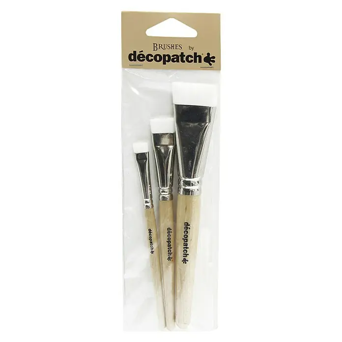 Décopatch Set de pinceles artísticos Nylon -  - Juego de tres pinceles planos Découpatch en varios tamaños, empaquetados en un envoltorio de plástico transparente.