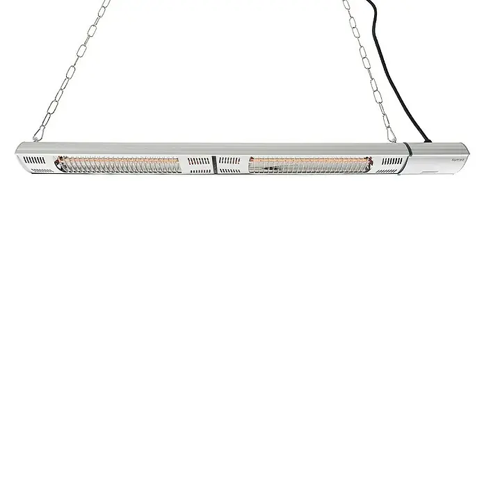 Sunred Halogen-Heizstrahler Royal DiamondL x B: 102 x 12 cm, 3.000 W, Silbergrau - Bild eines Sunred-Infrarotstrahlers, der mit Ketten von der Decke hängt und Wärme abstrahlt. Ein praktisches Heizgerät für drinnen.