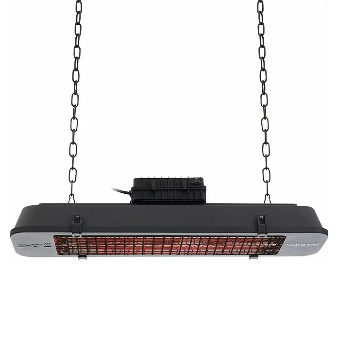 Sunred Deckenheizstrahler Royal Dark Vintage - L x B: 70 x 18 cm, 2.500 W, Schwarz - Innenraumstrahler an Kettenaufhängung für punktuelle Wärme, ideal für kühle Abende.