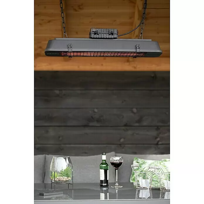 Sunred Deckenheizstrahler Royal Dark Vintage - L x B: 70 x 18 cm, 2.500 W, Schwarz - Dunkelgrauer hängender Infrarot-Terrassenheizer mit glühendem Element, der einen Außenbereich wärmt.