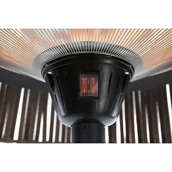 Sunred Calefactor halógeno Corda Standing 2100 - Altura: 213 cm, 2.100 W, Marrón - Primer plano de un calefactor de patio eléctrico negro con interruptor rojo y elemento metálico estriado incandescente.