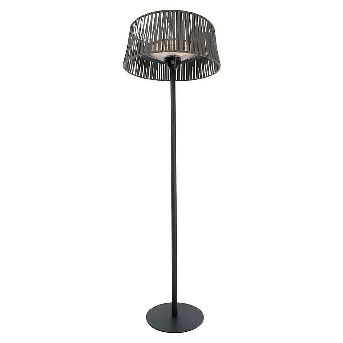 Sunred Calefactor halógeno Corda Standing 2100 - Altura: 213 cm, 2.100 W, Marrón - Un elegante calefactor de patio gris con una pantalla de lámpara y un soporte negro delgado, que brinda calidez y ambiente para espacios exteriores.
