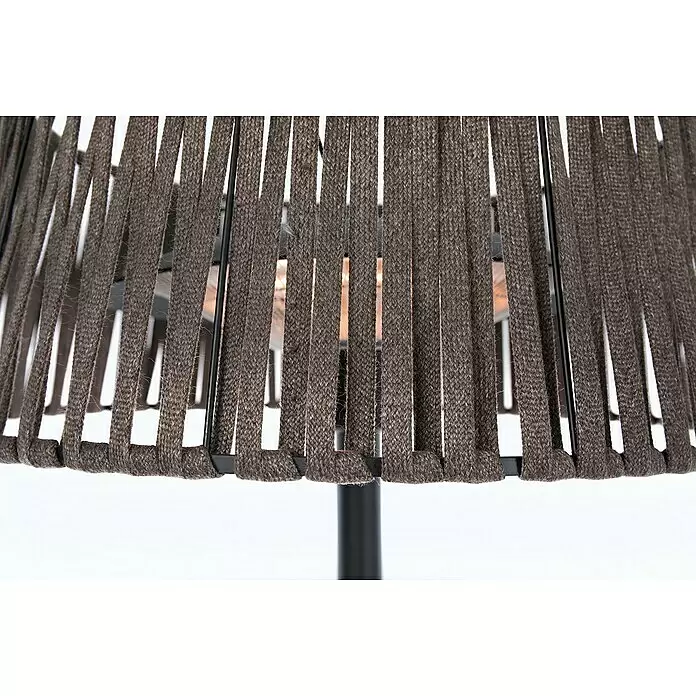Sunred Calefactor halógeno Corda Standing 2100 - Altura: 213 cm, 2.100 W, Marrón - Primer plano de una pantalla de lámpara hecha de correas de tela trenzada marrón oscuro, revelando bombillas encendidas.