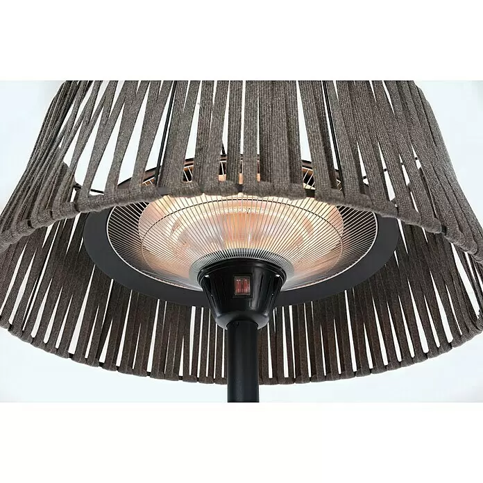 Sunred Calefactor halógeno Corda Standing 2100 - Altura: 213 cm, 2.100 W, Marrón - Parte inferior de un calefactor de patio con pantalla de tela gris tejida y elemento calefactor brillante.