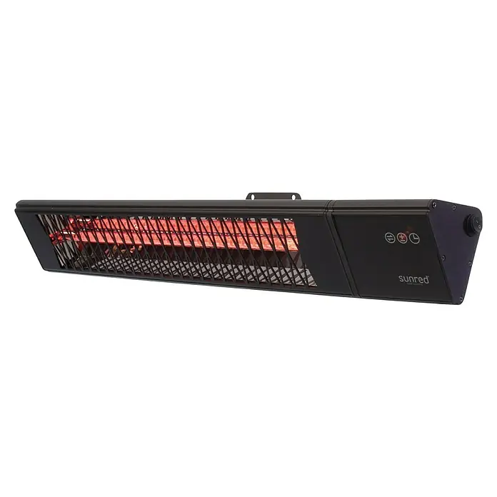 Sunred Wandheizstrahler Professional Royal Diamond - 2.500 W, Schwarz, 15,5 mm x 65 cm x 13 cm - Nahaufnahme eines schwarzen Sunred-Terrassenheizers, der Wärme ausstrahlt, perfekt für den Außenbereich.