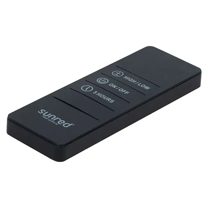 Sunred Heizstrahler Nero - 2.400 W, Schwarz, Breite: 116 cm - Nahaufnahme einer Sunred Heizsystem-Fernbedienung mit Tasten für High/Low, On/Off und 5 Stunden.
