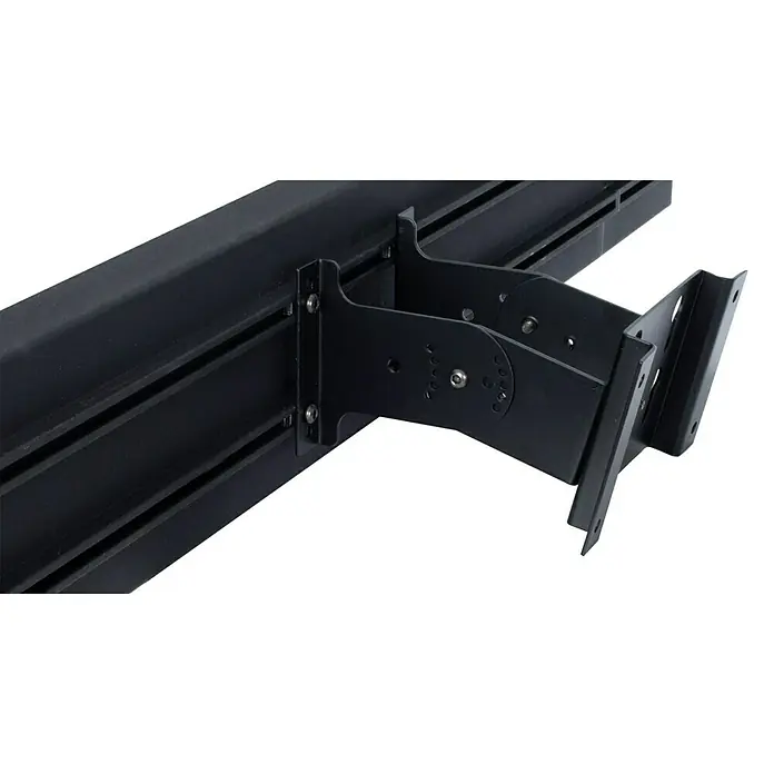 Sunred Heizstrahler Nero - 2.400 W, Schwarz, Breite: 116 cm - Nahaufnahme einer schwarzen Monitorhalterung, die an einer schwarzen Metallschiene befestigt ist. Das Produkt ist schlicht und funktionell.