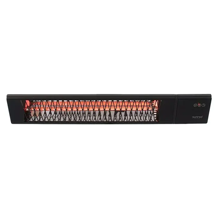 Sunred Wandheizstrahler Professional Royal Diamond - 2.500 W, Schwarz, 15,5 mm x 65 cm x 13 cm - Das Bild zeigt einen schwarzen Sunred-Infrarotstrahler mit Schutzgitter und Bedienfeld, der Wärme ausstrahlt.