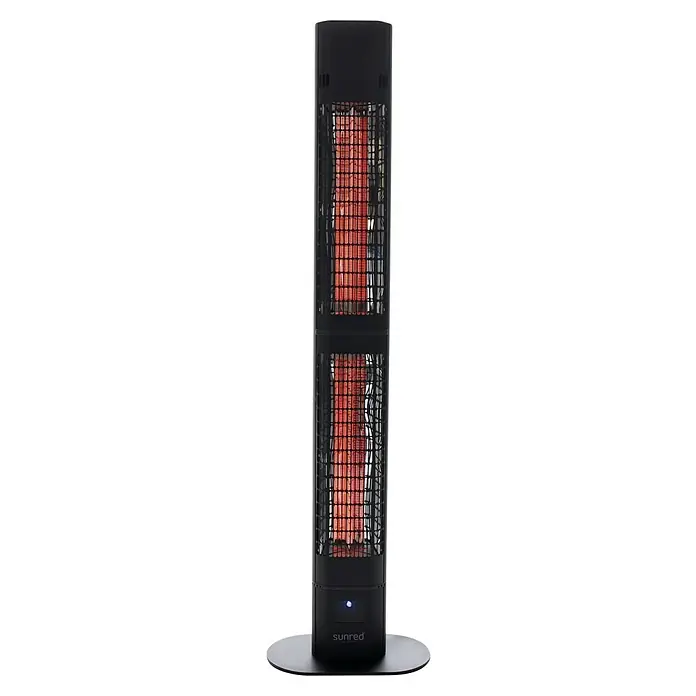 Sunred Infrarot-Heizstrahler Royal Diamond Valencia - 3.000 W, Schwarz, Höhe: 150 cm - Eine schlanke, schwarze Sunred-Terrassenheizung mit zwei Heizelementen, die ein warmes, rotes Licht ausstrahlen, perfekt für kühle Abende im Freien.