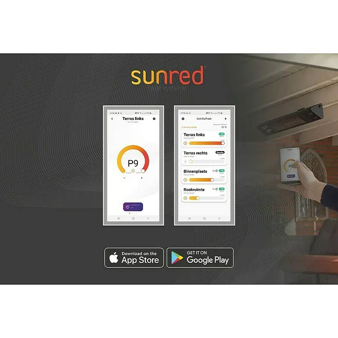 Sunred Wandheizstrahler Professional Royal Diamond - 2.500 W, Schwarz, 15,5 mm x 65 cm x 13 cm - Produkt-Werbung für Sunred Heizsysteme mit App-Steuerung, erhältlich im App Store und bei Google Play.
