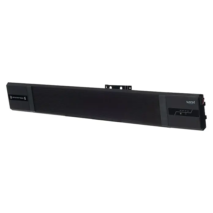Sunred Heizstrahler Nero - 2.400 W, Schwarz, Breite: 116 cm - Das Bild zeigt einen Sunred Infrarotstrahler in Schwarz, der für eine angenehme Wärme im Außenbereich sorgt. Er ist mit einer "Nicht berühren"-Warnung versehen.