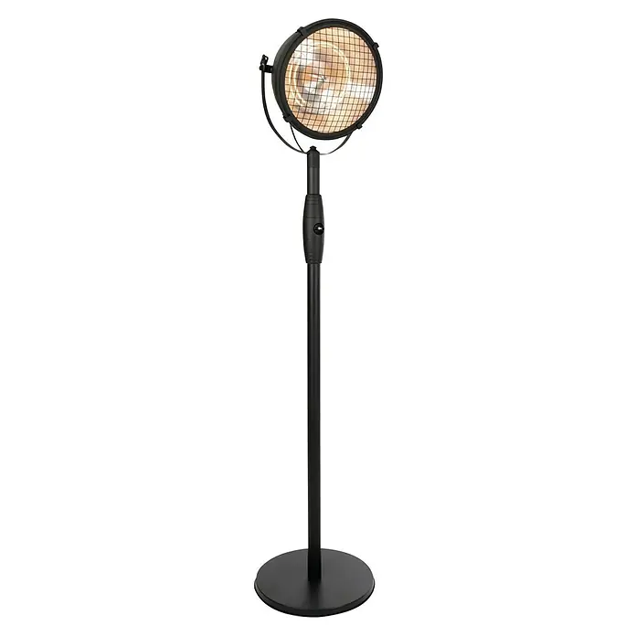 Sunred Halogen-Heizstrahler Indus - Höhe: 210 cm, 2.100 W, Schwarz - Eine elegante, schwarze Stehlampe mit einem schwenkbaren Scheinwerferkopf, der warmes Licht ausstrahlt und für eine gemütliche Atmosphäre sorgt.