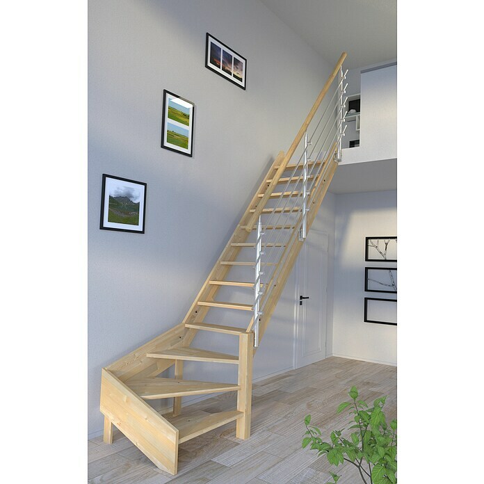 Starwood Raumspartreppe Korfu (Breite: 84 cm, Fichte, Geschosshöhe: 300 cm, 1/4-gewendelt rechts, Montageseite Geländer: Wahlweise links/rechts, Designgeländer Edelstahl, Ohne Setzstufen) | BAUHAUS
