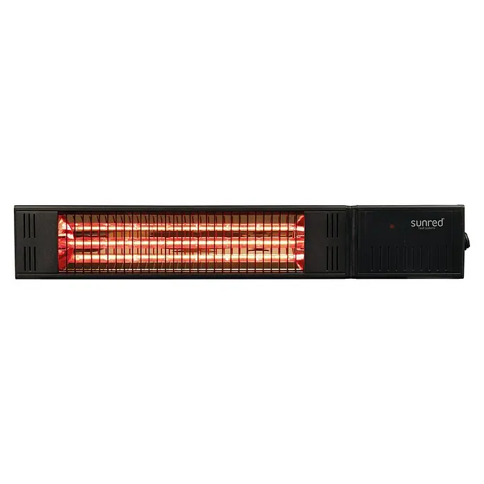 Sunred Halogen-Heizstrahler Fortuna - Breite: 53 cm, 1.500 W, Schwarz - Nahaufnahme eines schwarzen Sunred Heizstrahlers mit glühenden Heizstäben hinter einem Gitter.