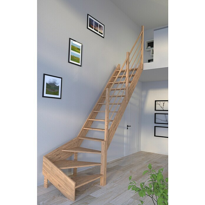 Starwood Raumspartreppe Rhodos (Breite: 80 cm, Eiche, Geschosshöhe: 300 cm, 1/4-gewendelt rechts, Montageseite Geländer: Rechts, Designgeländer Holz/Holz, Ohne Setzstufen) | BAUHAUS