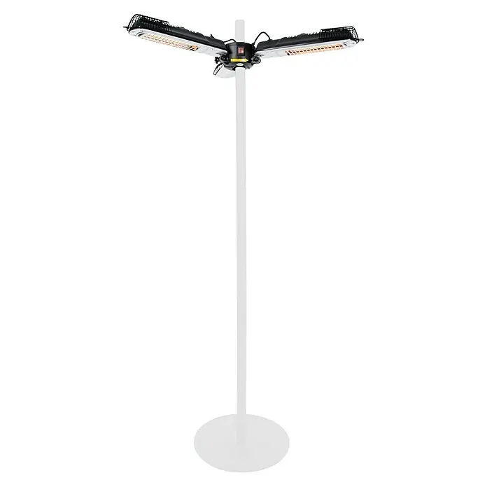 Sunred Halogen-Heizstrahler Parasol - Durchmesser: 45,5 cm - 100 cm, 2.000 W, Schwarz - Eine dreibeinige Heizlampe auf einem weißen Ständer. Ideal für den Außenbereich, um auch an kühlen Tagen eine angenehme Wärme zu genießen.