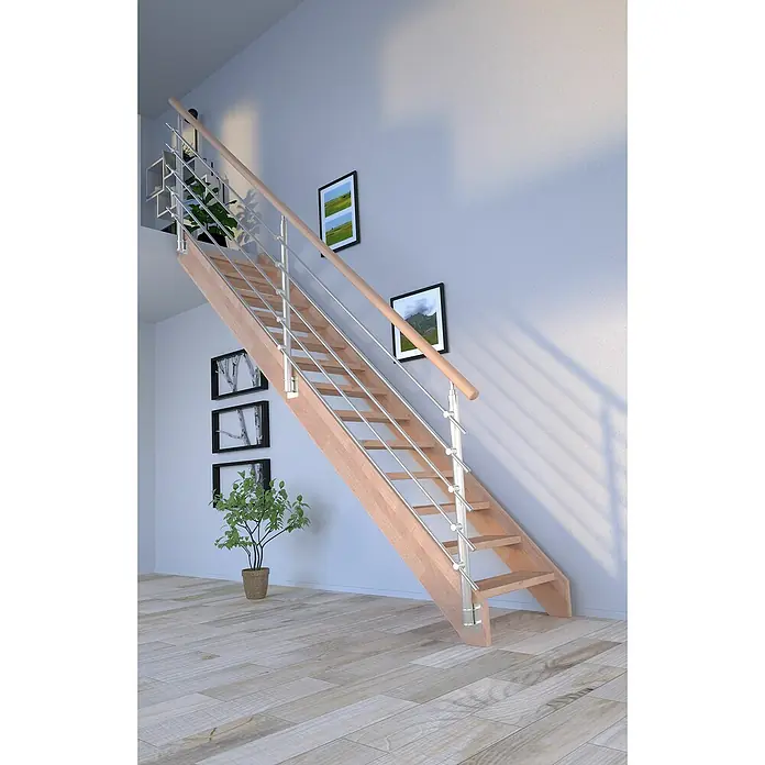 Starwood Raumspartreppe Mykonos - Breite: 85 cm, Buche, Geschosshöhe: 280 cm, Gerade, Montageseite Geländer: Wahlweise links/rechts, Designgeländer Edelstahl, Ohne Setzstufen - Treppe aus Holz mit Stahlgeländer im modernen Design für den Innenbereich. Ideal für Wohnräume, die Wert auf Ästhetik legen.