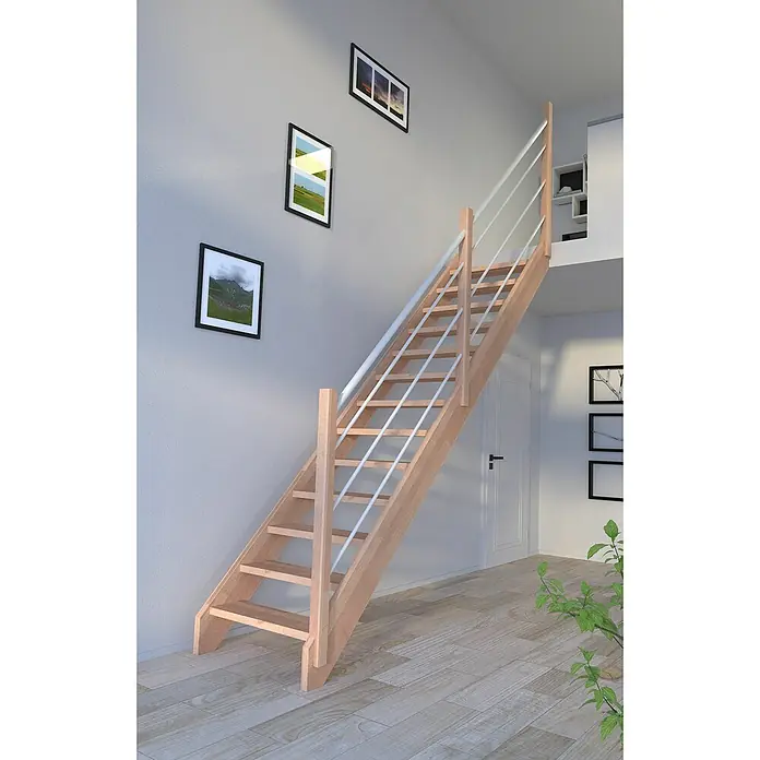 Starwood Raumspartreppe Mykonos - Breite: 81 cm, Buche, Geschosshöhe: 280 cm, Gerade, Montageseite Geländer: Rechts, Geländer Holz/Edelstahl weiß, Ohne Setzstufen - Die elegante Holztreppe mit weißen Geländern fügt sich nahtlos in den modernen Innenraum ein und bietet einen sicheren Aufstieg.