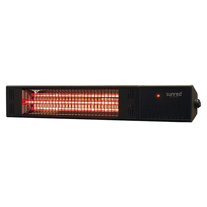 Sunred Halogen-Heizstrahler Fortuna - Breite: 53 cm, 1.500 W, Schwarz - Ein Sunred Infrarotstrahler, ideal für die Beheizung von Außenbereichen, zeigt seine rot glühenden Heizelemente hinter einem Schutzgitter.