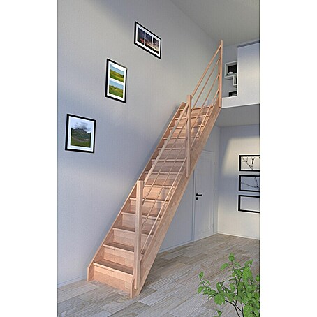 Starwood Raumspartreppe Rhodos (Breite: 80 cm, Buche, Geschosshöhe: 300 cm, Gerade, Montageseite Geländer: Rechts, Designgeländer Holz/Holz, Mit Setzstufen)