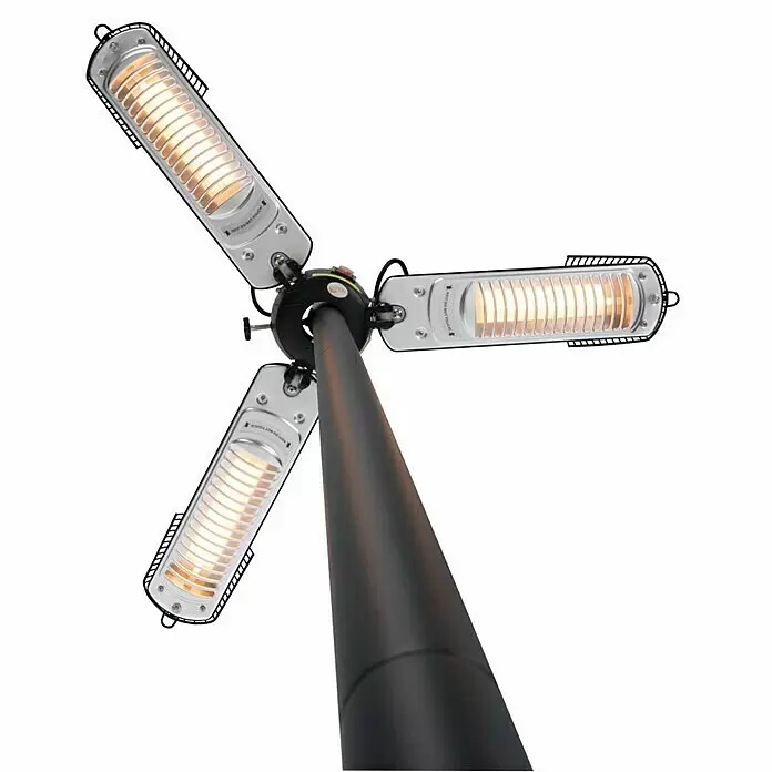 Sunred Halogen-Heizstrahler Parasol - Durchmesser: 45,5 cm - 100 cm, 2.000 W, Schwarz - Dreiköpfige Industrieleuchte mit silbernen Gehäusen und warmgelbem Licht, an einer schwarzen Stange montiert.