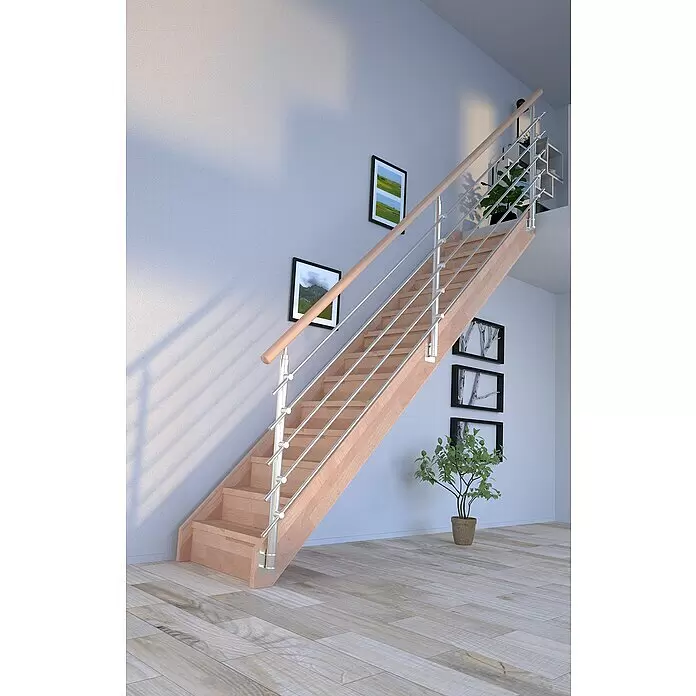 Starwood Raumspartreppe Mykonos - Breite: 85 cm, Buche, Geschosshöhe: 280 cm, Gerade, Montageseite Geländer: Wahlweise links/rechts, Designgeländer Edelstahl, Mit Setzstufen - Eine moderne gerade Treppe mit hellen Holzstufen und Wangen, einem Metallgeländer mit horizontalen Stäben und einem Holzhandlauf.