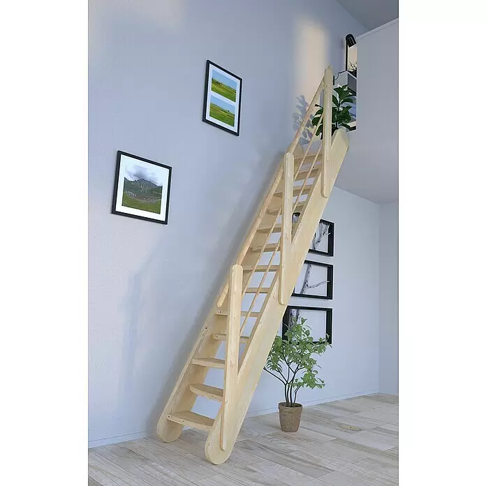 Starwood Raumspartreppe Samos - Breite: 63 cm, Fichte, Geschosshöhe: 250 cm - 285 cm, Gerade, Montageseite Geländer: Wahlweise links/rechts, Designgeländer Holz/Holz, Stufen wechselseitig - Platzsparende Treppe aus hellem Holz für den Dachboden, mit integrierten Handläufen und Stufen.