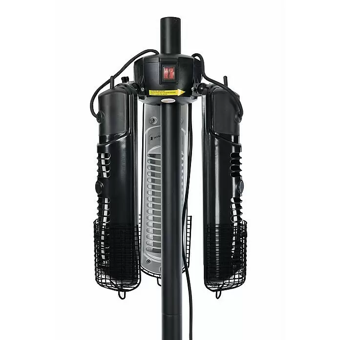 Sunred Halogen-Heizstrahler Parasol - Durchmesser: 45,5 cm - 100 cm, 2.000 W, Schwarz - Schwarzer elektrischer Heizstrahler mit drei Heizelementen und rotem Schalter oben.