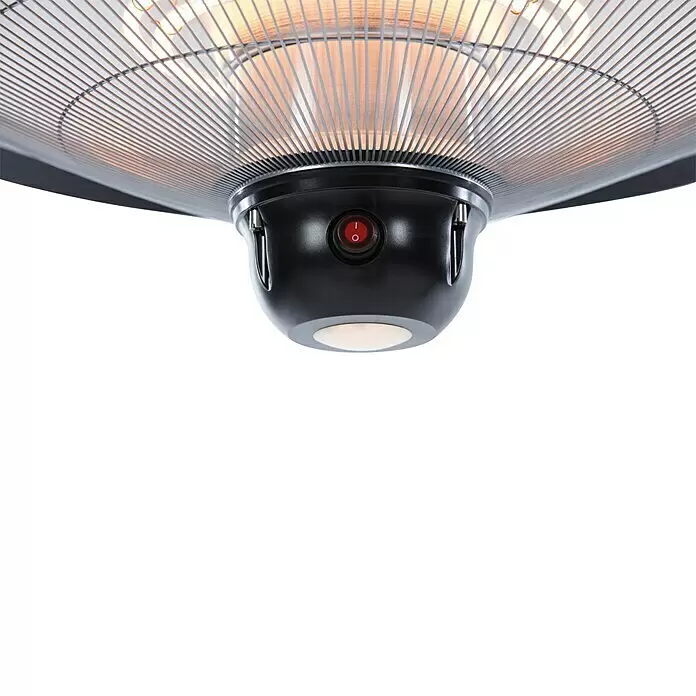 Sunred Halogen-Heizstrahler Sirius - Durchmesser: 58,5 cm, 2.100 W, Schwarz - Unterseite eines schwarzen Terrassenheizers mit rotem Schalter, integriertem Licht und Heizelement hinter Schutzgitter.