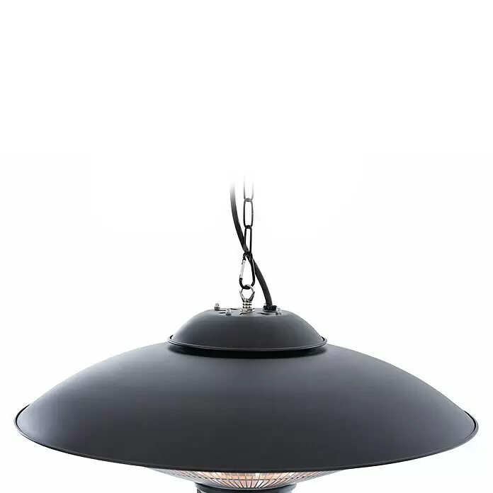 Sunred Halogen-Heizstrahler Sirius - Durchmesser: 58,5 cm, 2.100 W, Schwarz - Schwarzer Hänge-Terrassenheizer aus Metall mit breitem Schirm, an Kette und Kabel hängend, zeigt ein warm glühendes Element.