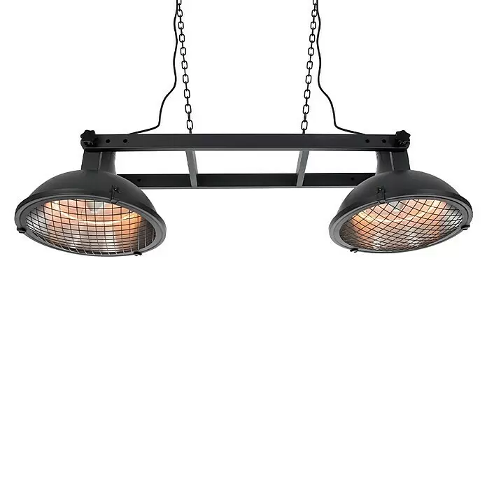 Sunred Halogen-Heizstrahler Indus - L x B: 132 x 42,5 cm, 3.000 W, Schwarz - Schwarze Industrie-Pendelleuchte mit zwei Metallgitterleuchten, an Ketten aufgehängt. Wirft ein warmes Licht.