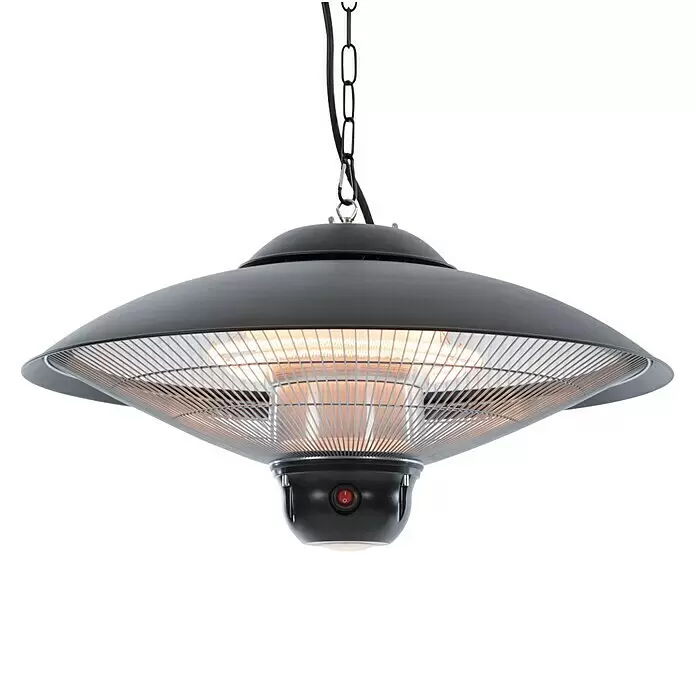 Sunred Halogen-Heizstrahler Sirius - Durchmesser: 58,5 cm, 2.100 W, Schwarz - Schwarzer, scheibenförmiger Hängeheizstrahler mit glühenden Elementen und Schutzgitter, an einer Kette aufgehängt. Mit rotem Einschaltknopf.