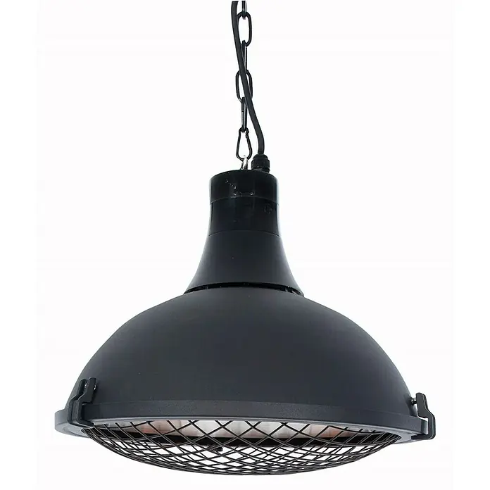 Sunred Halogen-Heizstrahler Indus - Durchmesser: 43 cm, 2.100 W, Schwarz - Nahaufnahme einer schwarzen Hängelampe mit einem Schutzgitter und einer Kette, die von der Decke hängt.
