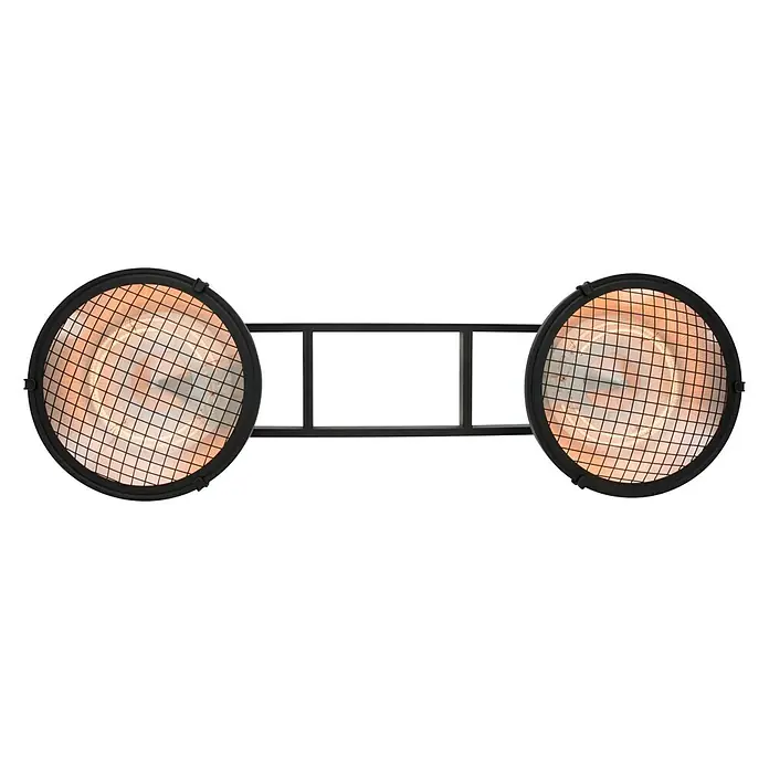 Sunred Halogen-Heizstrahler Indus - L x B: 132 x 42,5 cm, 3.000 W, Schwarz - Nahaufnahme eines stilvollen Strahlers mit schwarzem Metallrahmen und Gitter, der warmes Licht ausstrahlt.