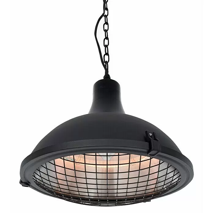 Sunred Halogen-Heizstrahler Indus - Durchmesser: 43 cm, 2.100 W, Schwarz - Schwarzer Industrie-Hängeheizstrahler mit Schutzgitter.